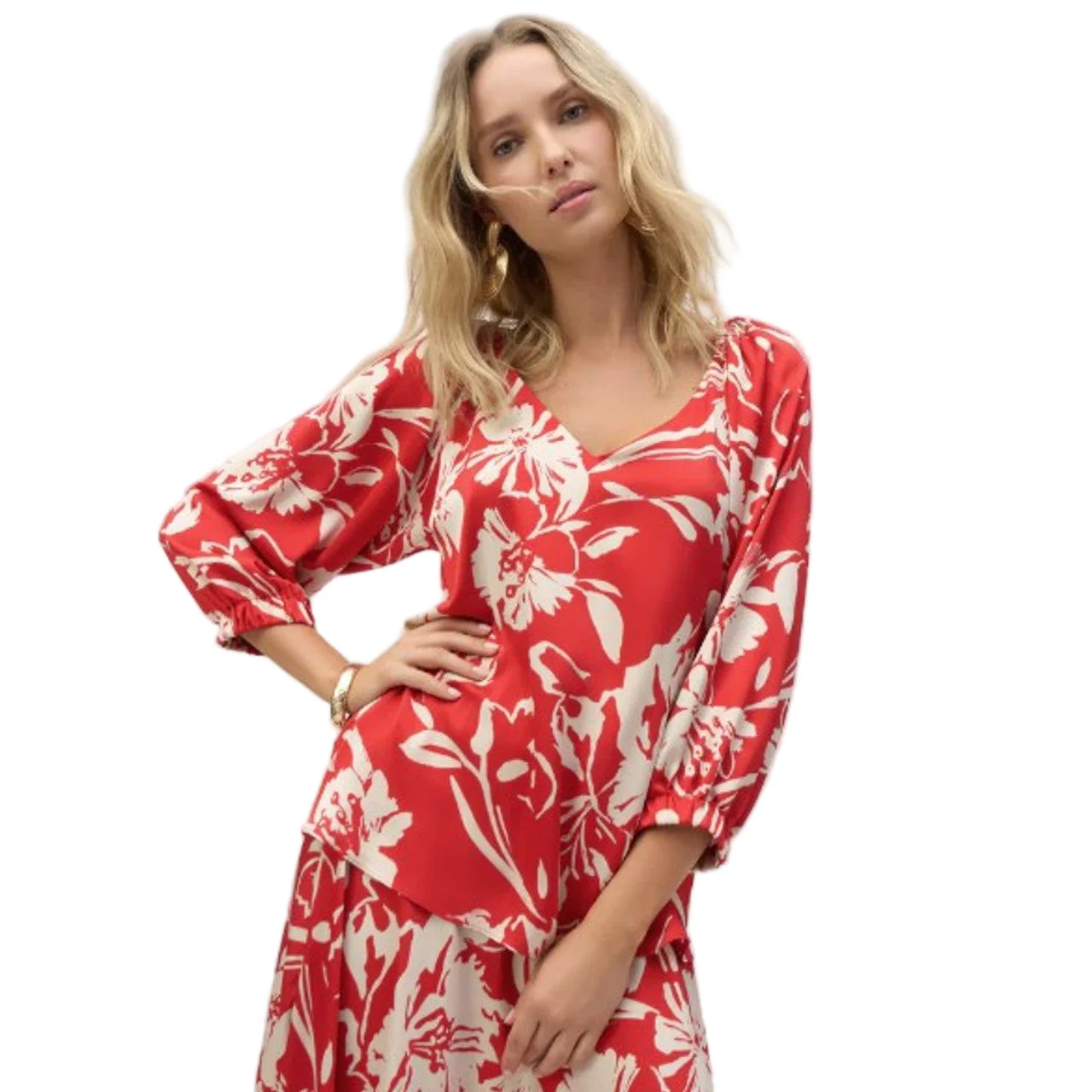 Joseph Ribkoff Print Elastic neckline  Tunic (252119) ( Red Cream) - Image 3