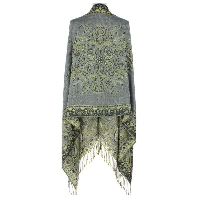 Paisley Grey Green  & Black Metallic Pashmina Scarf (PA038-17) - Image 3
